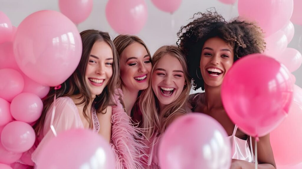 Junggesellinnenabschied, Frauen in pinken Outfits und Ballons