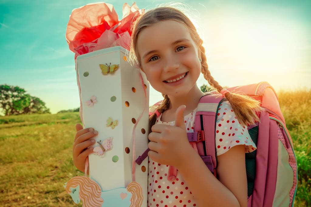 Lächelndes Schulkind mit einer bunten Schultüte auf dem Weg zur Einschulung