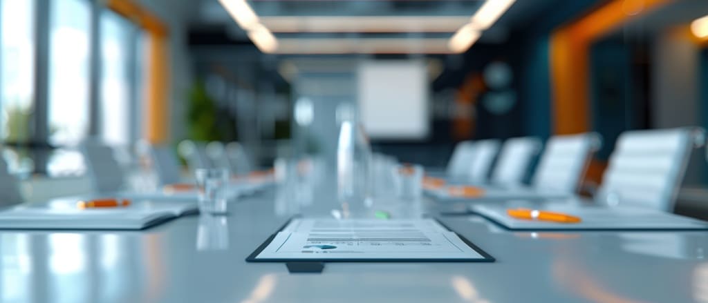 Moderne Konferenzraum-Atmosphäre mit einem Tisch und vorbereiteten Unterlagen