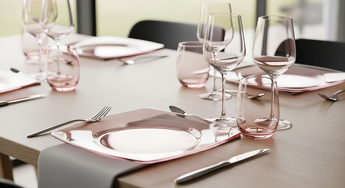 Moderner Esstisch mit pinkfarbenem Glasgeschirr und minimalistischem Design