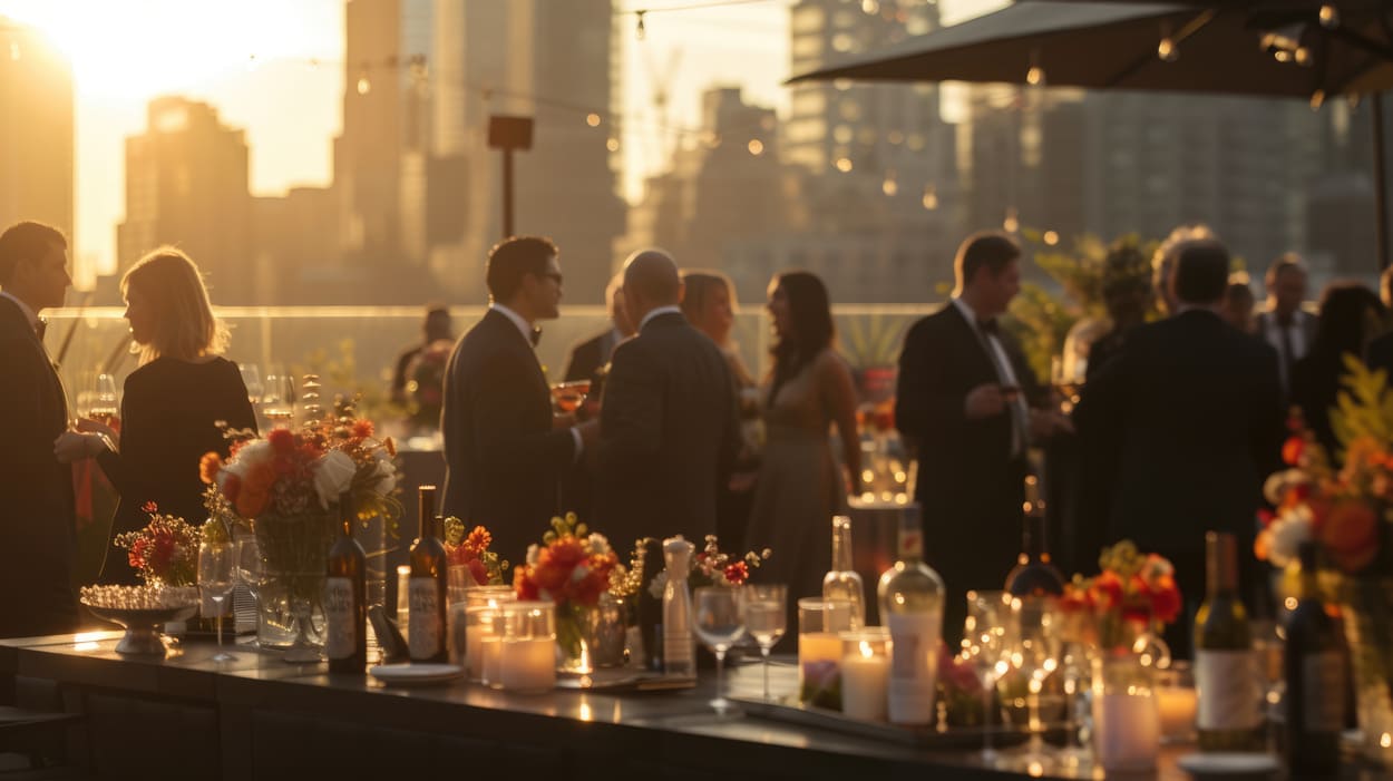 Stilvolles Firmenjubiläum auf einer Dachterrasse planen – mit festlich gedeckten Tischen, Kerzenlicht und Blick über die Stadt.